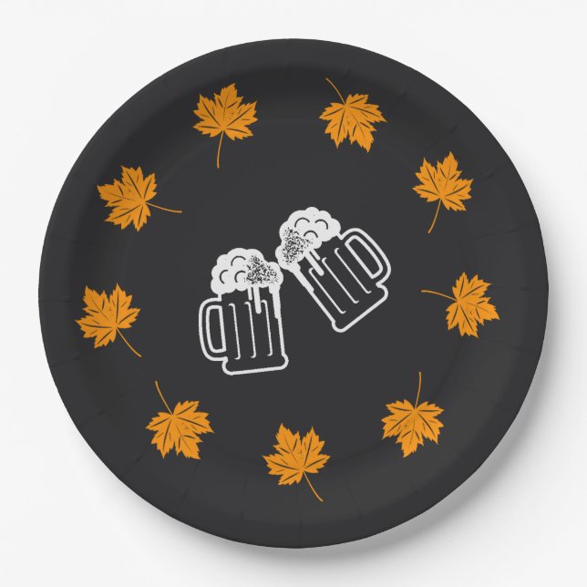 Oktoberfest Chalkboard Beer and Leaves Paper Plates (Front)