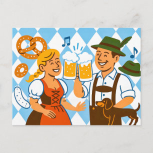 Oktoberfest Cheers with Bavarian Attire Holiday Postcard