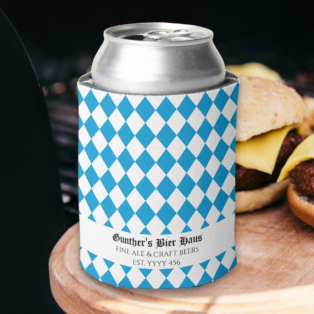 Oktoberfest Custom Medieval Text Bayern Blue White Can Cooler (Medieval Bayern blue and white beer can cooler for oktoberfest and beyond)