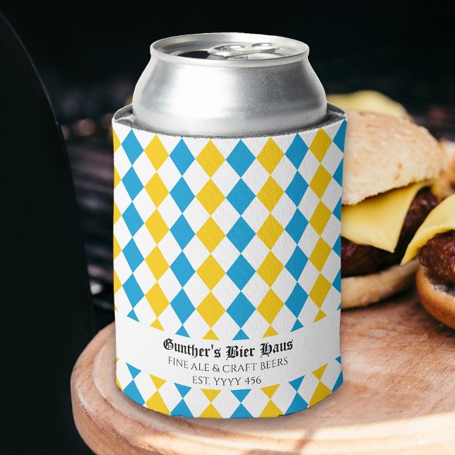 Oktoberfest Custom Medieval Text Blue White Yellow Can Cooler (Medieval blue yellow and white beer can cooler for oktoberfest and beyond)