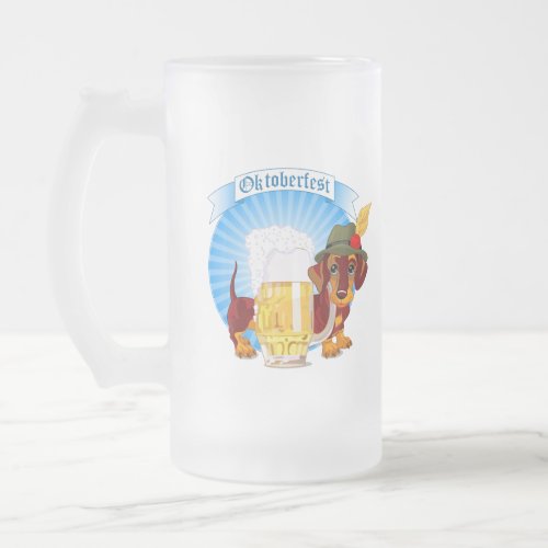 Oktoberfest Dachshund in Alpine Hat Frosted Glass Beer Mug