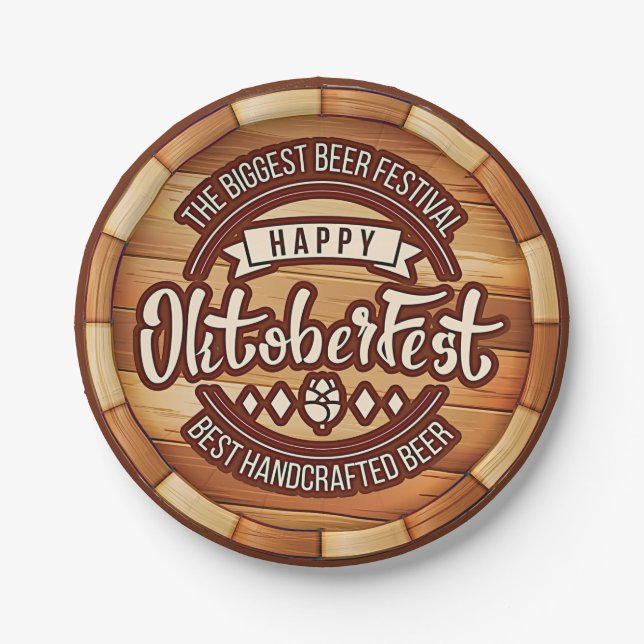 Oktoberfest  Festival Brown Wooden Beer Barrel  Paper Plates (Front)