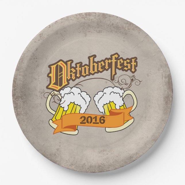 Oktoberfest German Festival Beer Steins Typograph Paper Plates (Front)