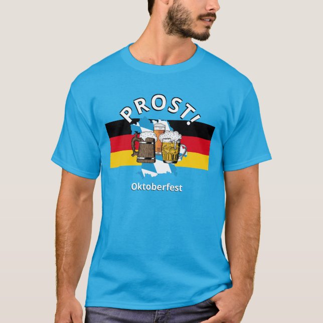 OKTOBERFEST Germany Flag PROST Cartoon Beers TEAL T-Shirt (Front)