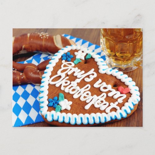 Oktoberfest gingerbread heart on bavarian napkin postcard