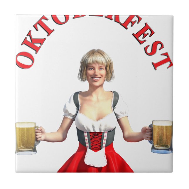 Oktoberfest Girl with Beer steins and Title Ceramic Tile (Front)