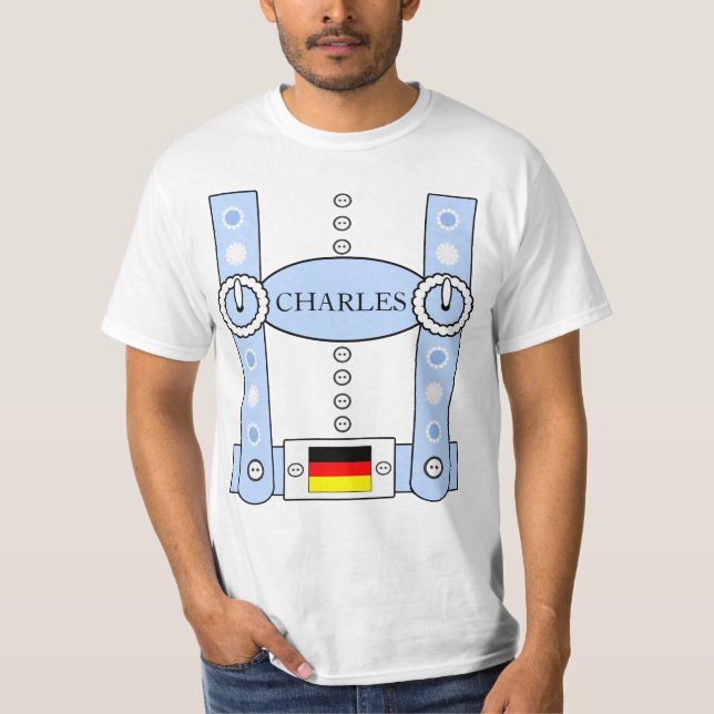 Oktoberfest Lederhosen Funny Add Name Blue T-Shirt (Front)