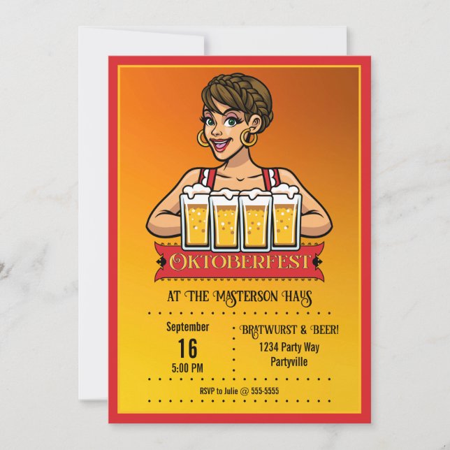 Oktoberfest Maid with Beer Invitation (Front)