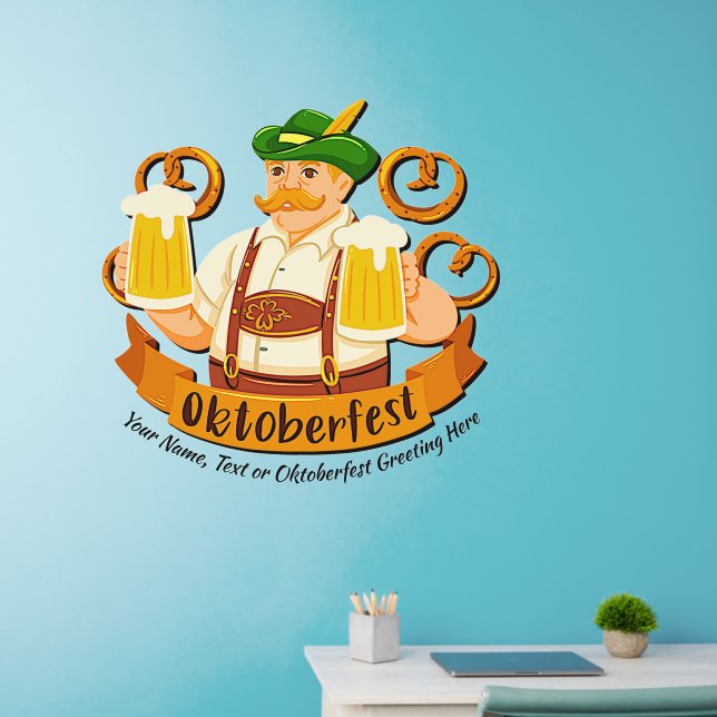Oktoberfest Man Beer Glasses Pretzels, on 36" sq Wall Decal (Home Office)