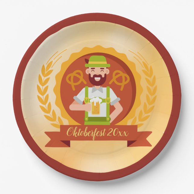 Oktoberfest Man in Alpine Hat with Beer Paper Plates (Front)