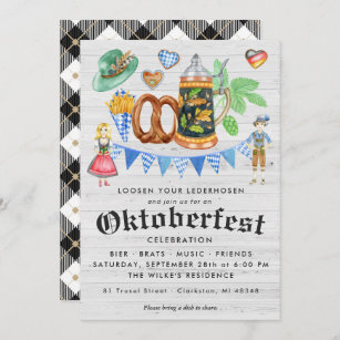 Oktoberfest Party Rustic Bavarian Beer & Pretzel Invitation