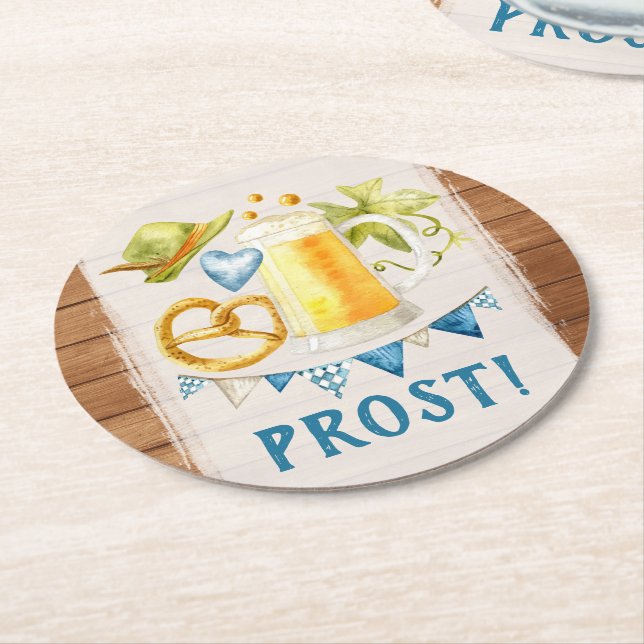 Oktoberfest Party Rustic Bavarian Beer Stein Round Paper Coaster (Angled)