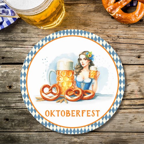 Oktoberfest Party With Beer And Pretzels ai  Round Paper Coaster