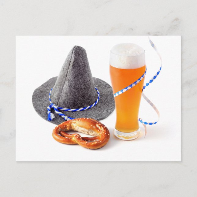 Oktoberfest streamer with beer and pretzel postcard (Front)