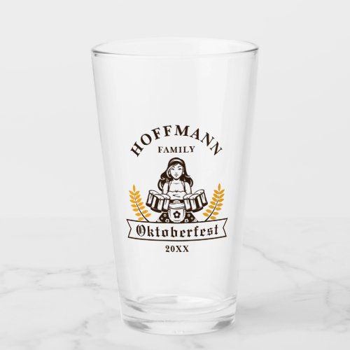 Oktoberfest Vintage German Beer Girl Family Name Glass