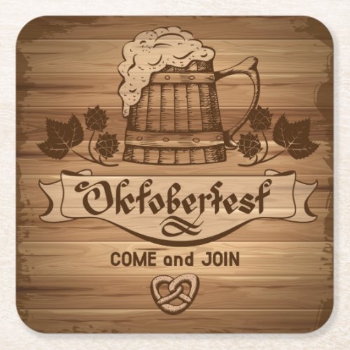 Oktoberfest vintage poster with wooden square paper coaster