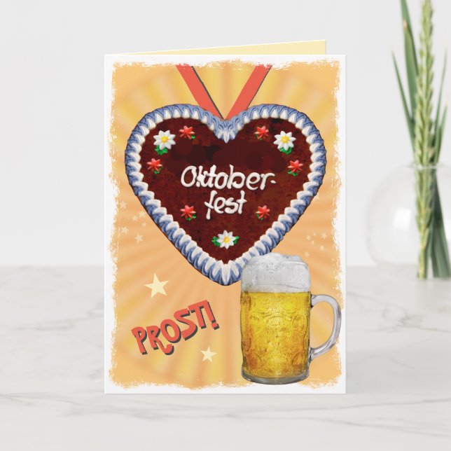Oktoberfest with Beer and Gingerbread Heart Holiday Card (Front)