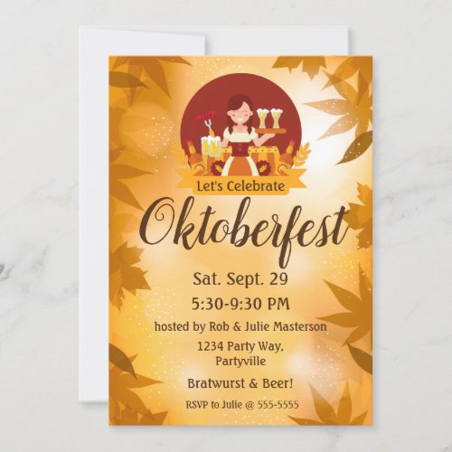 Oktoberfest Woman with Beer and Sausage Invitation