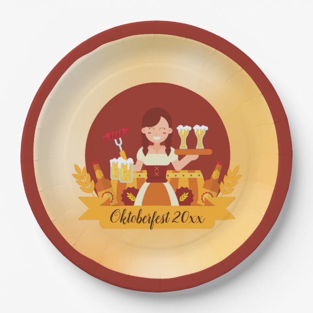 Oktoberfest Woman with Beer and Sausage Paper Plates (Front)