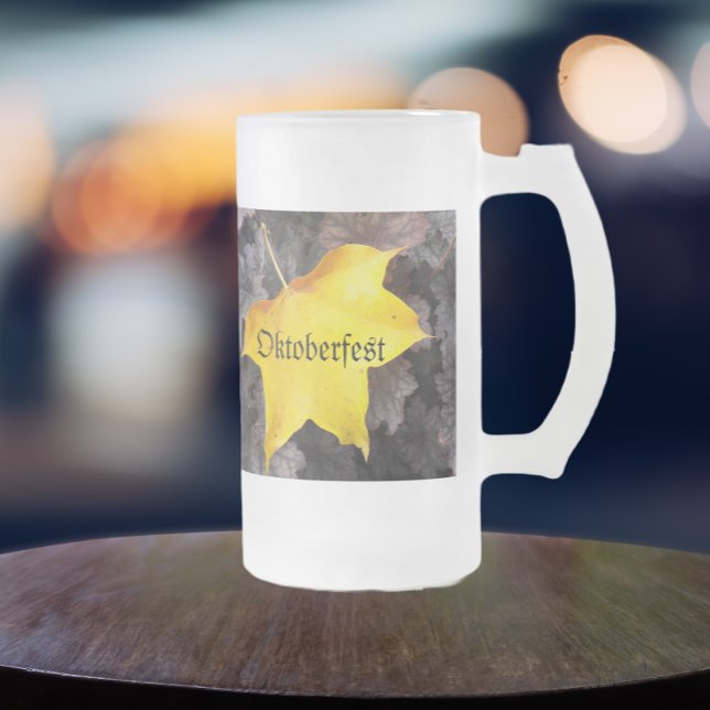 Oktoberfest Yellow Maple Leaf Frosted Glass Beer Mug (In Situ)