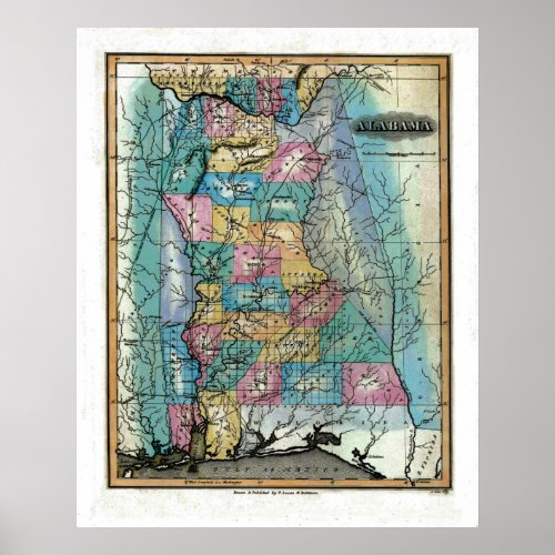 Old 1826 Alabama Map Poster
