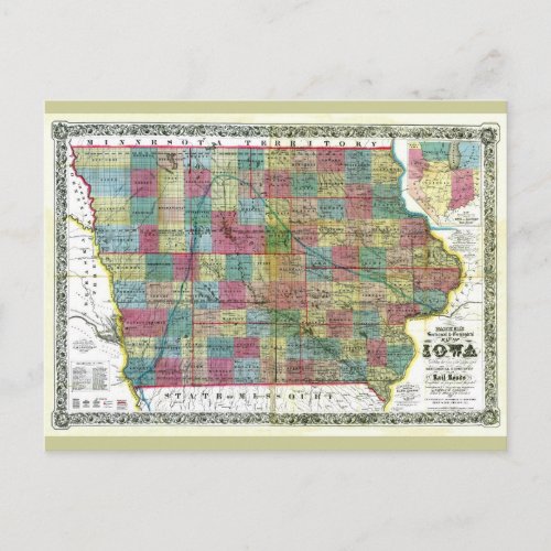 Old 1856 Iowa Map Postcard