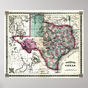 Old 1866 Texas Map Poster