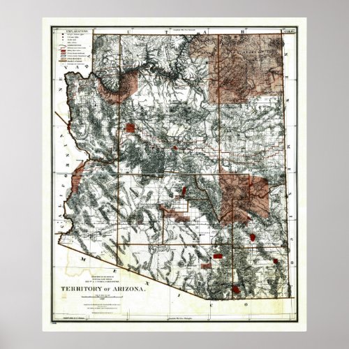 Old 1887 Territory of Arizona Map Poster