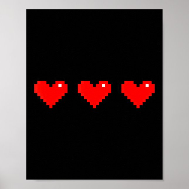 Old 8 Bit Heart Arcade Retro Xel Gamer Valentine's Poster (Front)