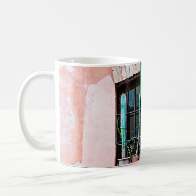 Old abandoned window with group of cactus flower p coffee mug (Left)