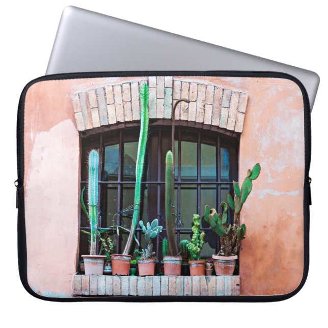 Old abandoned window with group of cactus flower p laptop sleeve (Front)