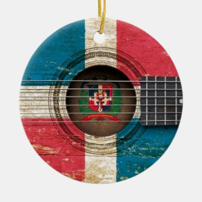 Old Acoustic Guitar with Dominican Republic Flag Ceramic Ornament (Front)