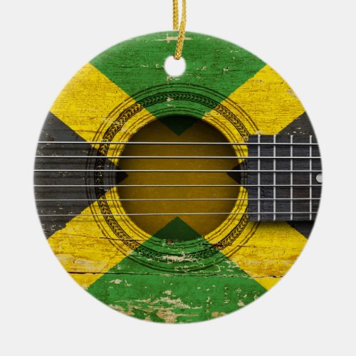 Old Acoustic Guitar with Jamaican Flag Ceramic Ornament