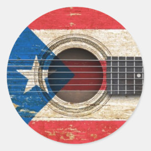 Old Acoustic Guitar with Puerto Rico Flag Classic Round Sticker