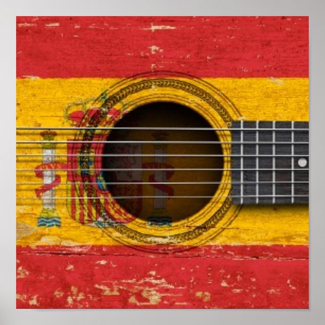 Old Acoustic Guitar with Spanish Flag Poster (Front)