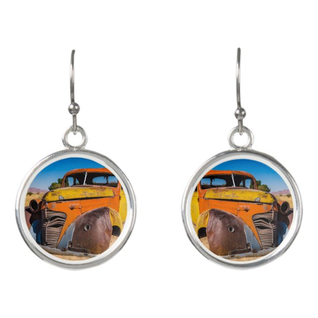 Old and abandoned car in Solitaire, Namibia Earrings (Front)
