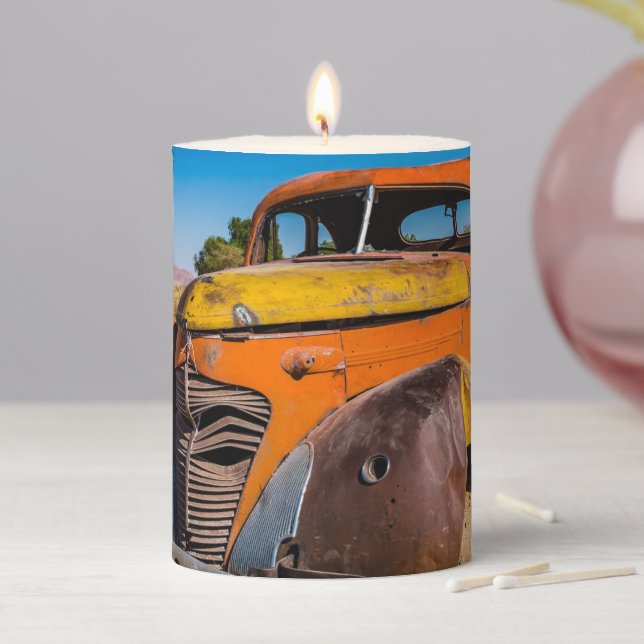 Old and abandoned car in Solitaire, Namibia Pillar Candle (In Situ)