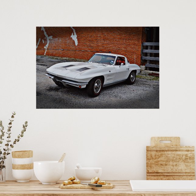 Old and Classic White Corvette Car Poster (Kitchen)