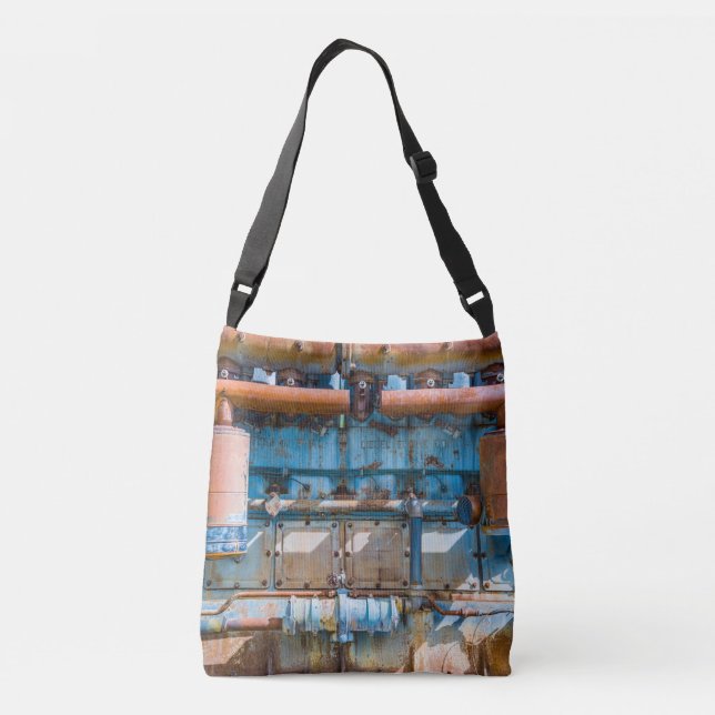 Old and rusty Atlas Imperial diesel engine at Inde Crossbody Bag (Back)