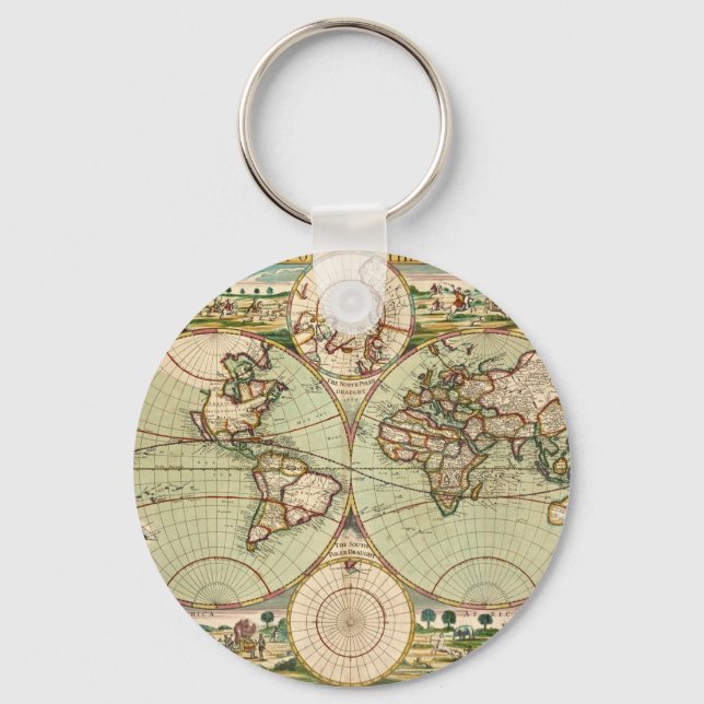 Old Antique General World Map Button Keychain (Front)