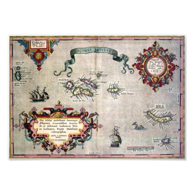 Old Antique Map of the Azores from 1584 replica Photo Print (Front)