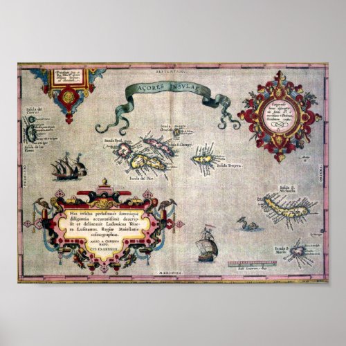 Old Antique Map of the Azores from 1584 _ Replica Poster