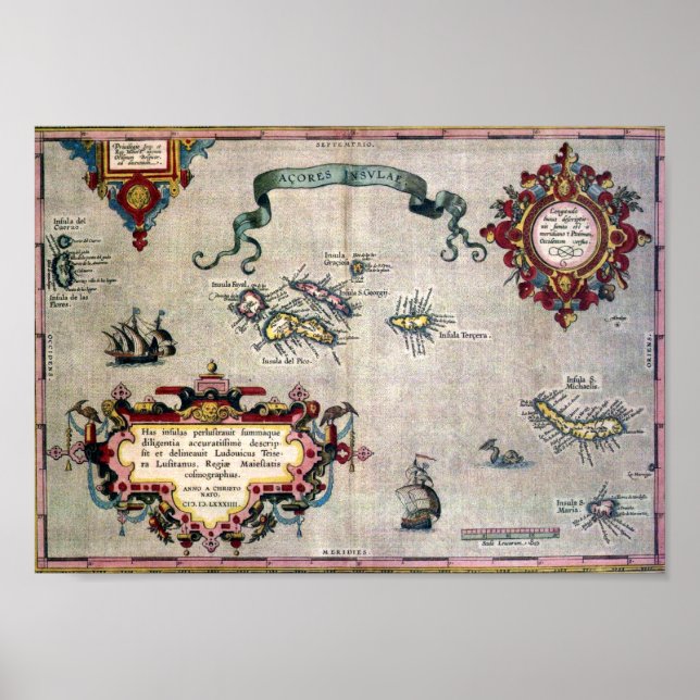Old Antique Map of the Azores from 1584 - Replica Poster (Front)