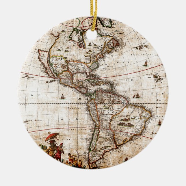 Old Antique North & South America Map Ceramic Ornament (Front)