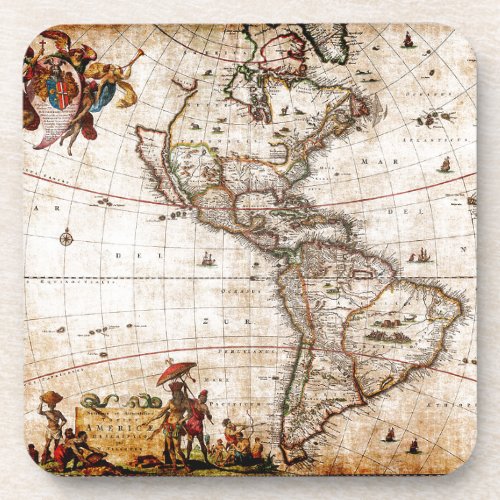 Old Antique North  South America Map Lithograph Beverage Coaster