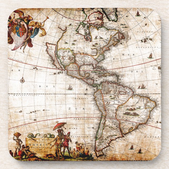 Old Antique North & South America Map Lithograph Beverage Coaster (Front)