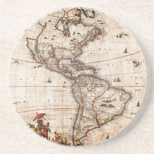 Old Antique North  South America Map Lithograph Drink Coaster