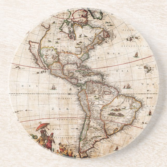 Old Antique North & South America Map Lithograph Drink Coaster (Front)