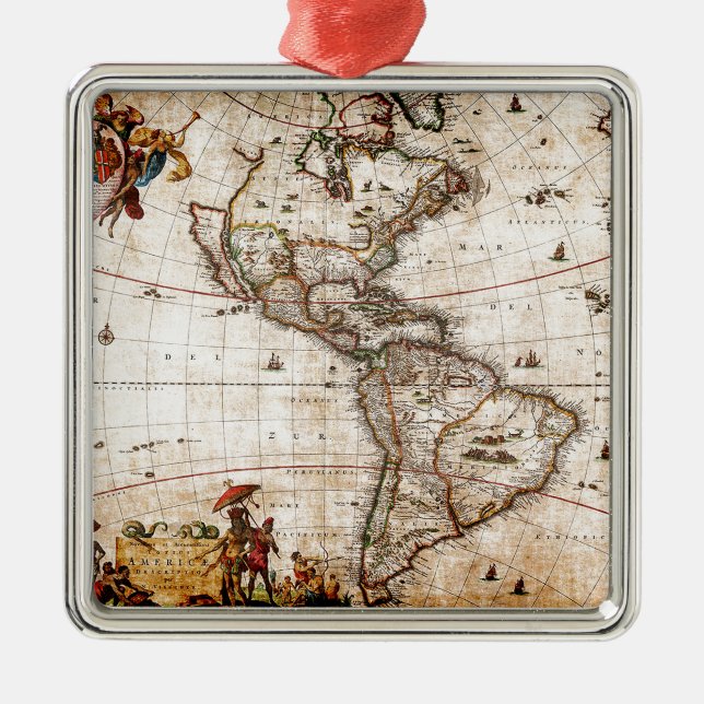 Old Antique North & South America Map Metal Ornament (Front)