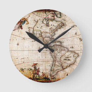 Old Antique North & South America Map Round Clock